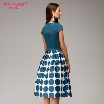 Vintage women wave point dress Hot Sale short sleeve patchwork A-line